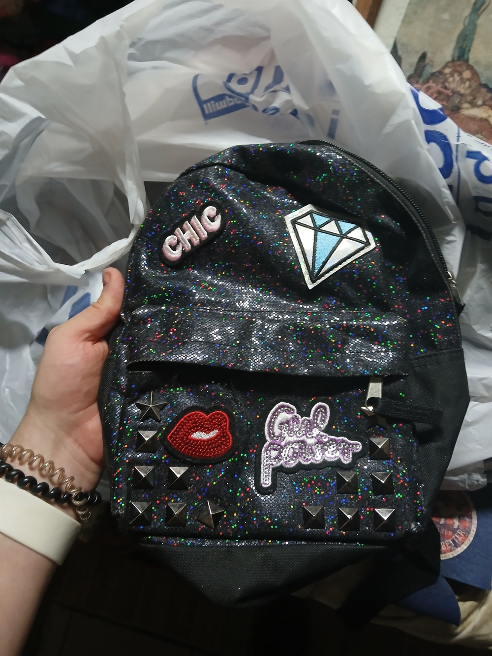 Place black glitter backpack With Patch Embroidery Designs And Beads Makeup Size